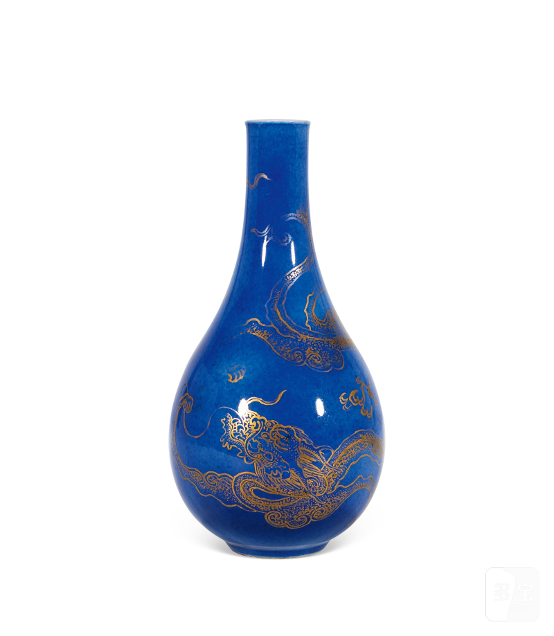 清康熙 洒蓝釉描金香草龙胆瓶